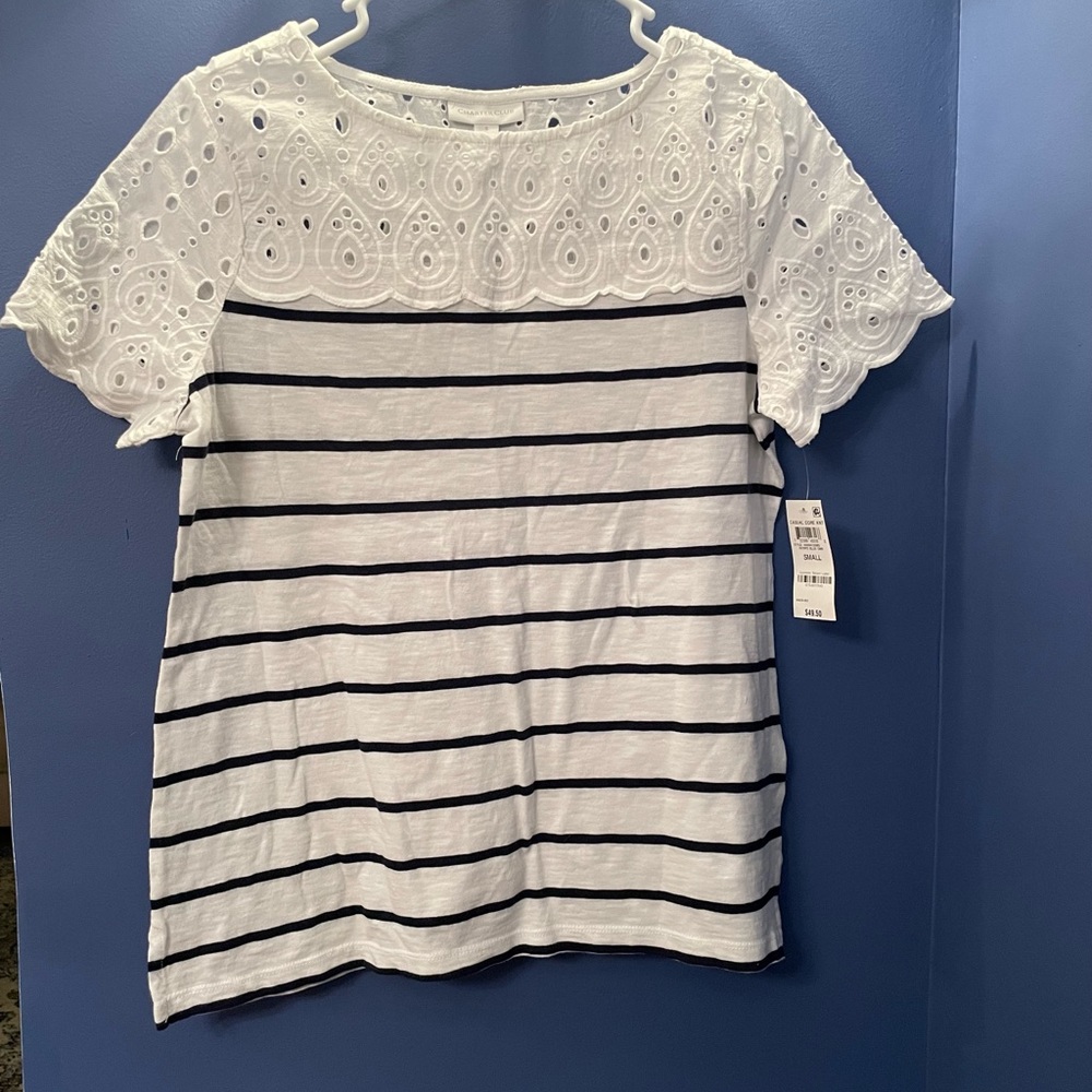 New Charter Club Navy White striped Top Small 4